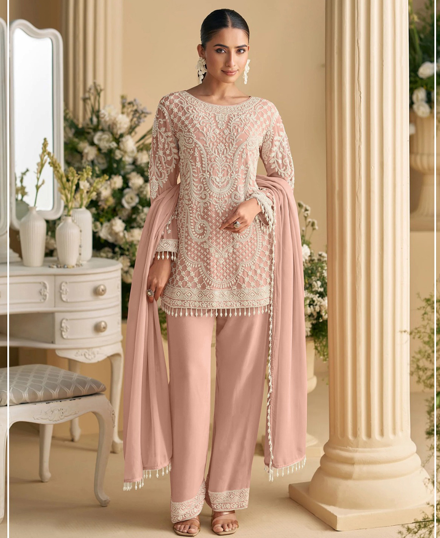 Designer Pakistani Style Peach Georgette Salwar Suit For Women Wedding Wear - Image 3
