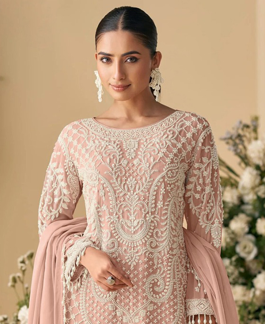 Designer Pakistani Style Peach Georgette Salwar Suit For Women Wedding Wear - Image 2
