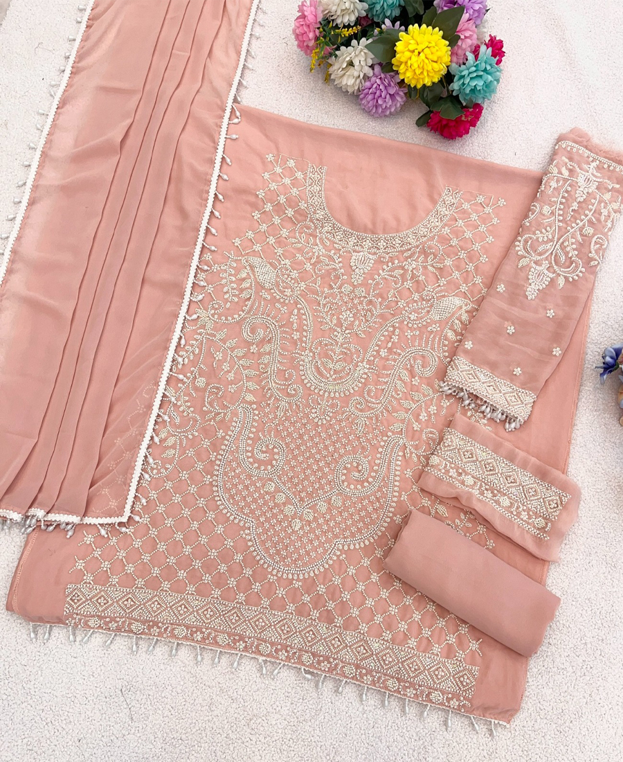 Designer Pakistani Style Peach Georgette Salwar Suit For Women Wedding Wear