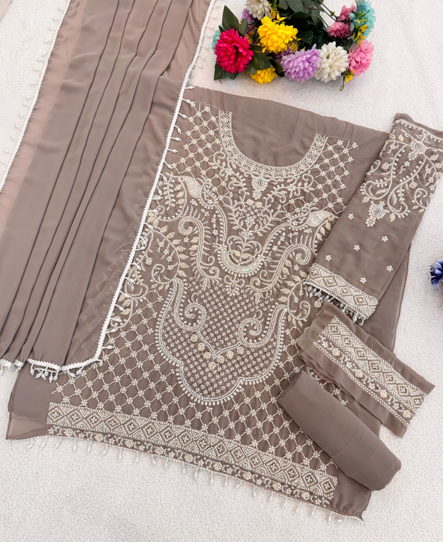 Designer Pakistani Style Beige Georgette Salwar Suit For Women Wedding Wear