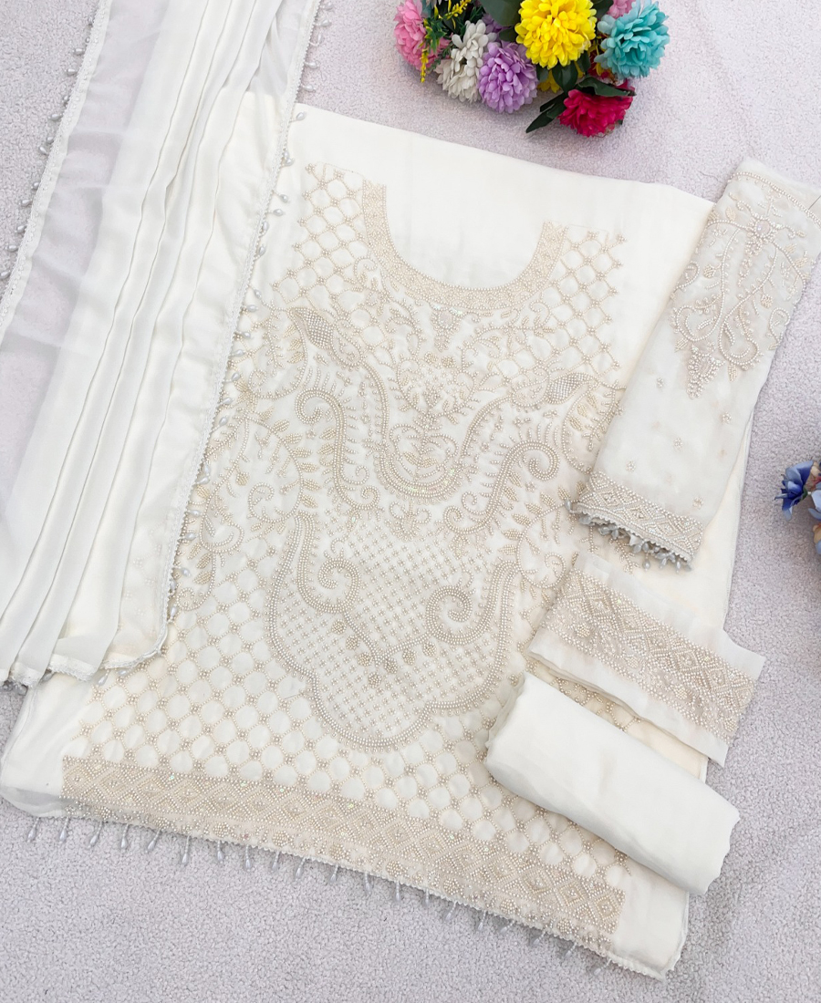 Designer Pakistani Style White Georgette Salwar Suit For Women Wedding Wear