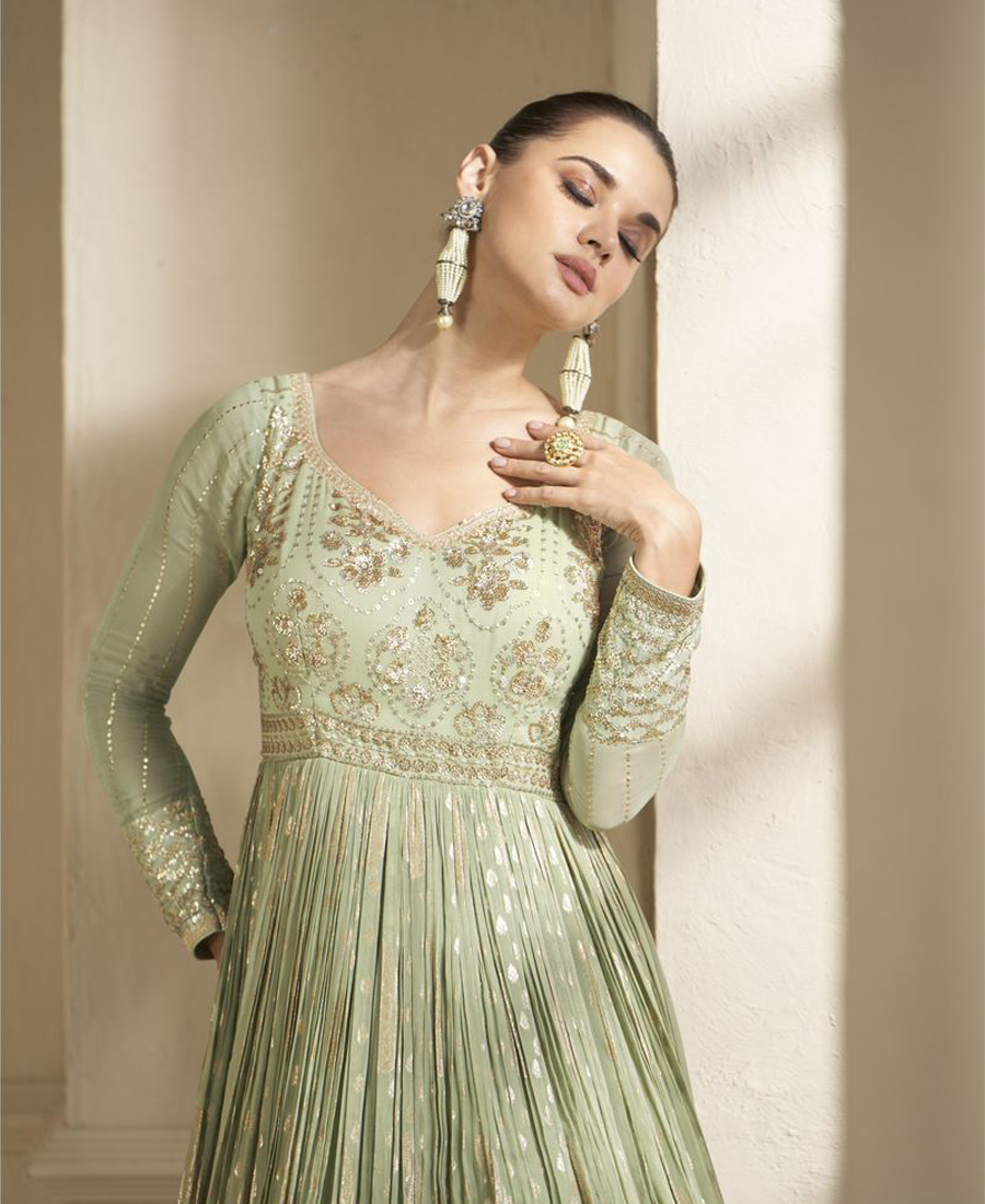 Beautiful Pista Green Banarasi Silk Anarkali Suit For Women Wedding Wear