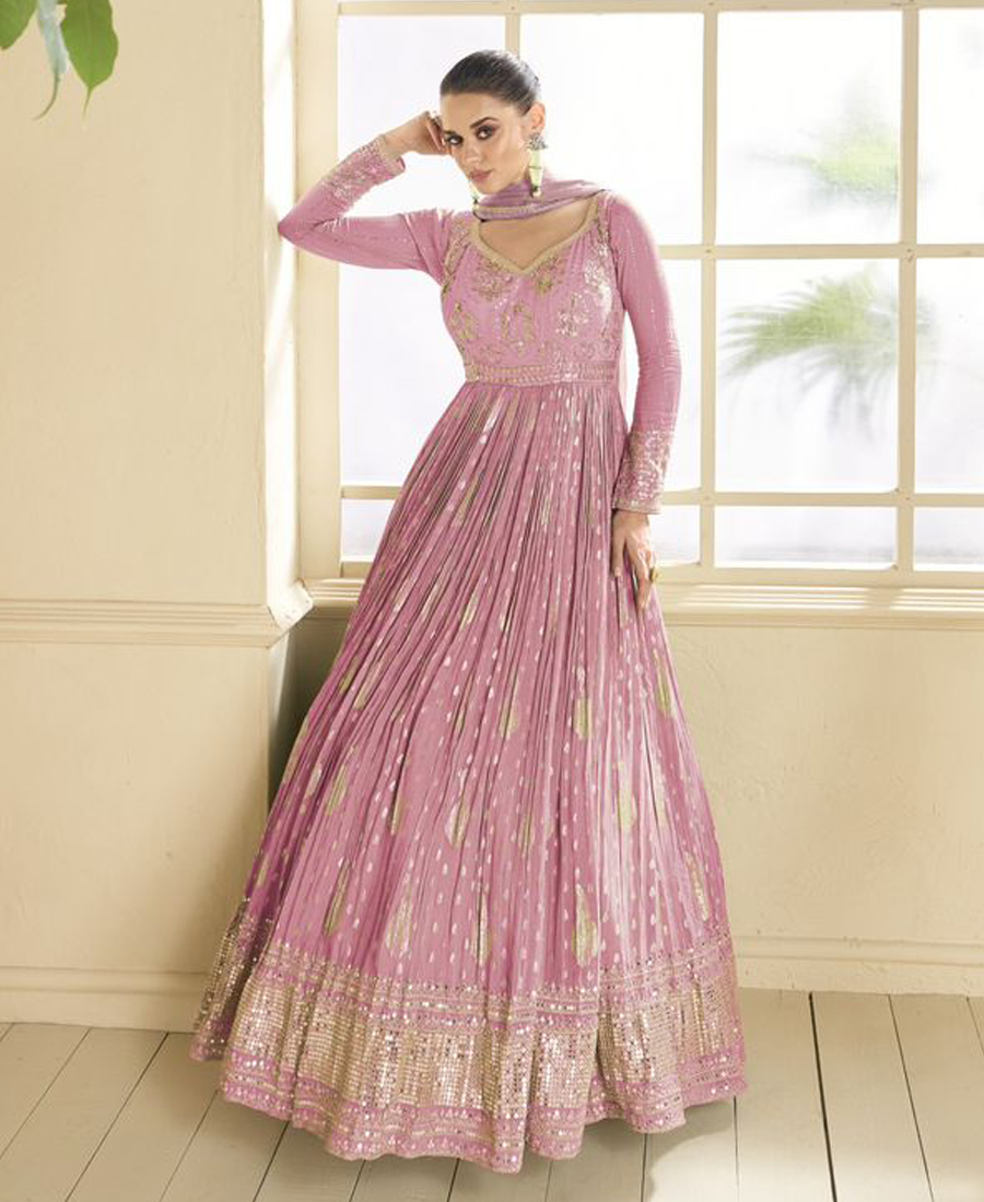 Beautiful Pink Banarasi Silk Anarkali Suit For Women Wedding Wear - Image 2