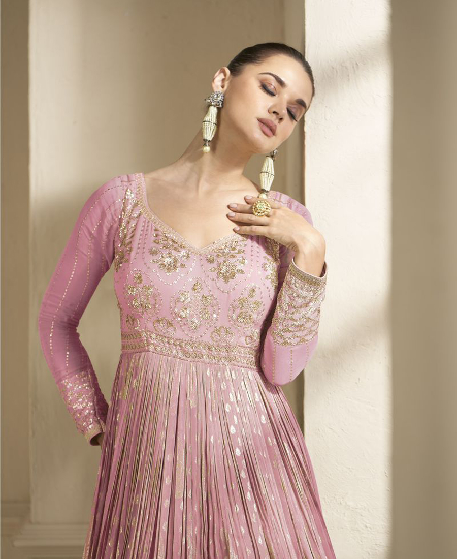 Beautiful Pink Banarasi Silk Anarkali Suit For Women Wedding Wear - Image 4