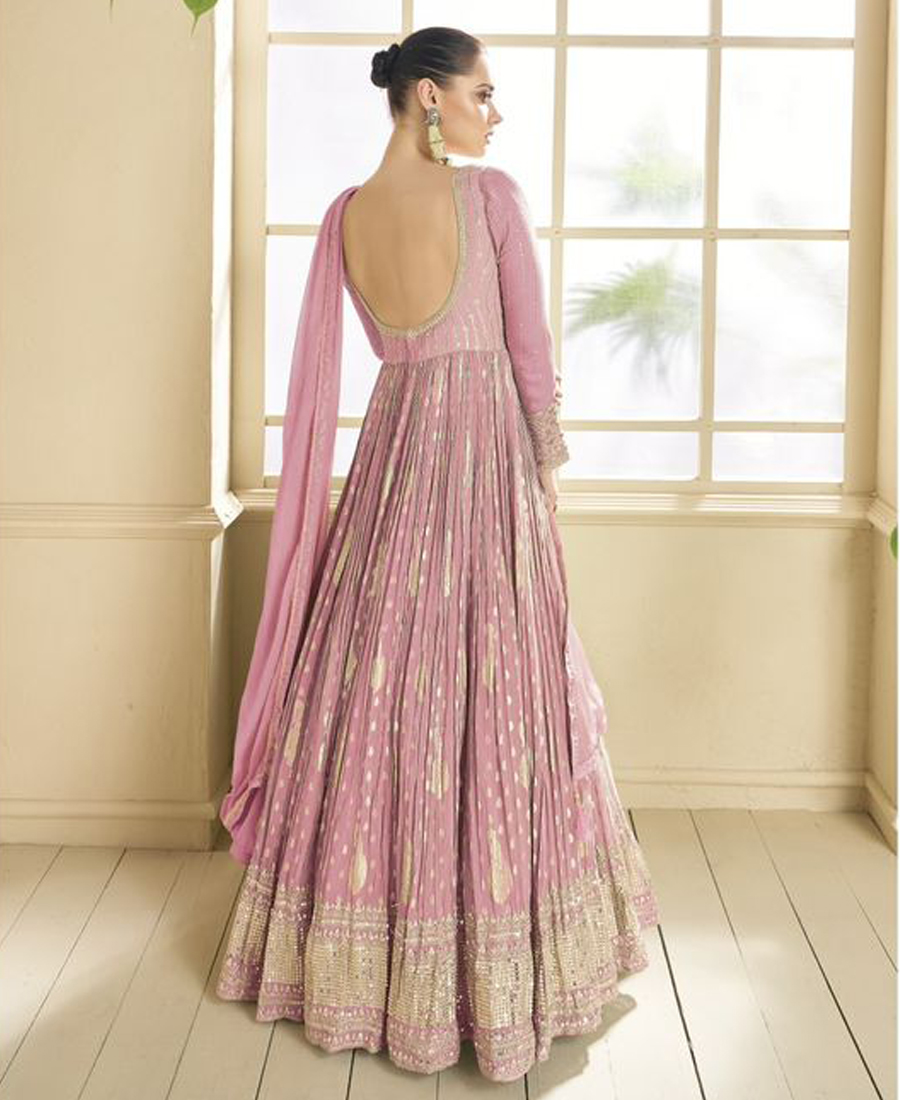 Beautiful Pink Banarasi Silk Anarkali Suit For Women Wedding Wear - Image 3