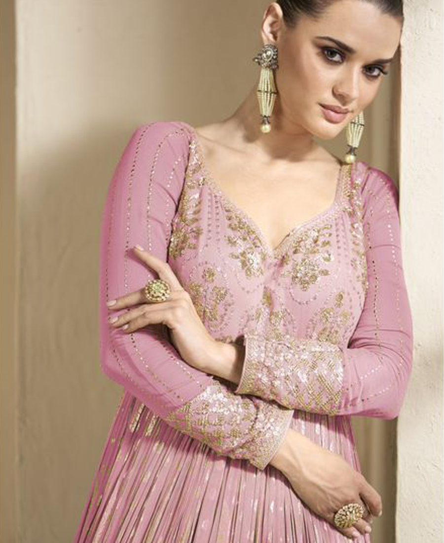 Beautiful Pink Banarasi Silk Anarkali Suit For Women Wedding Wear