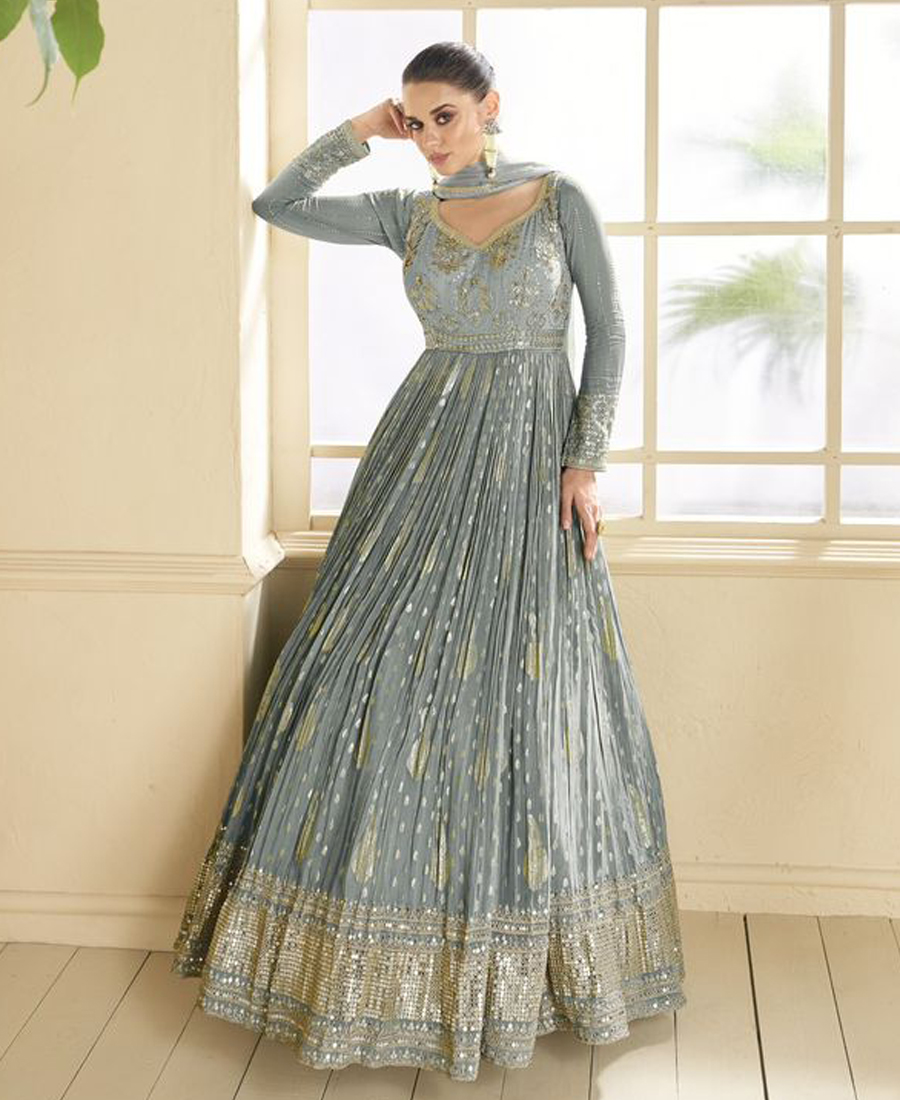 Beautiful Grey Banarasi Silk Anarkali Suit For Women Wedding Wear - Image 2
