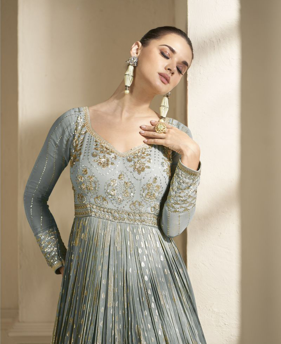 Beautiful Grey Banarasi Silk Anarkali Suit For Women Wedding Wear - Image 3