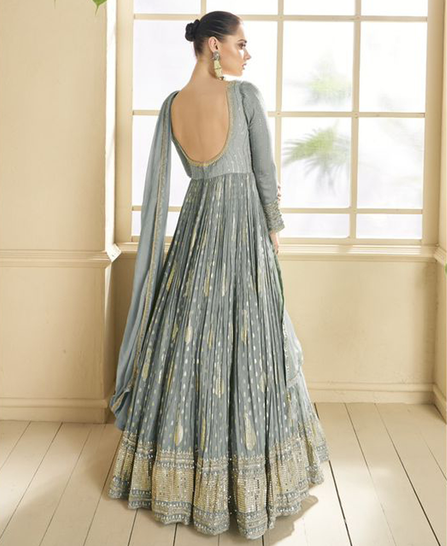 Beautiful Grey Banarasi Silk Anarkali Suit For Women Wedding Wear - Image 4
