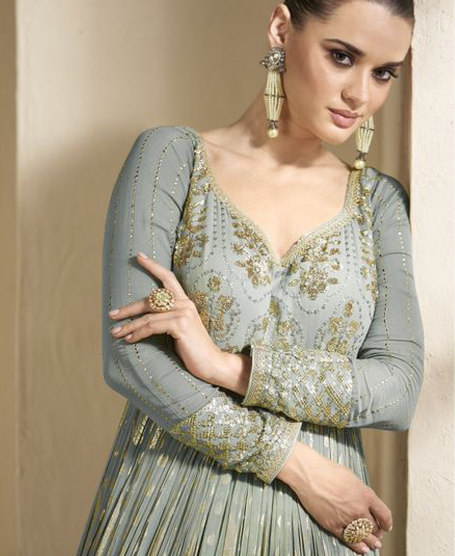 Beautiful Grey Banarasi Silk Anarkali Suit For Women Wedding Wear