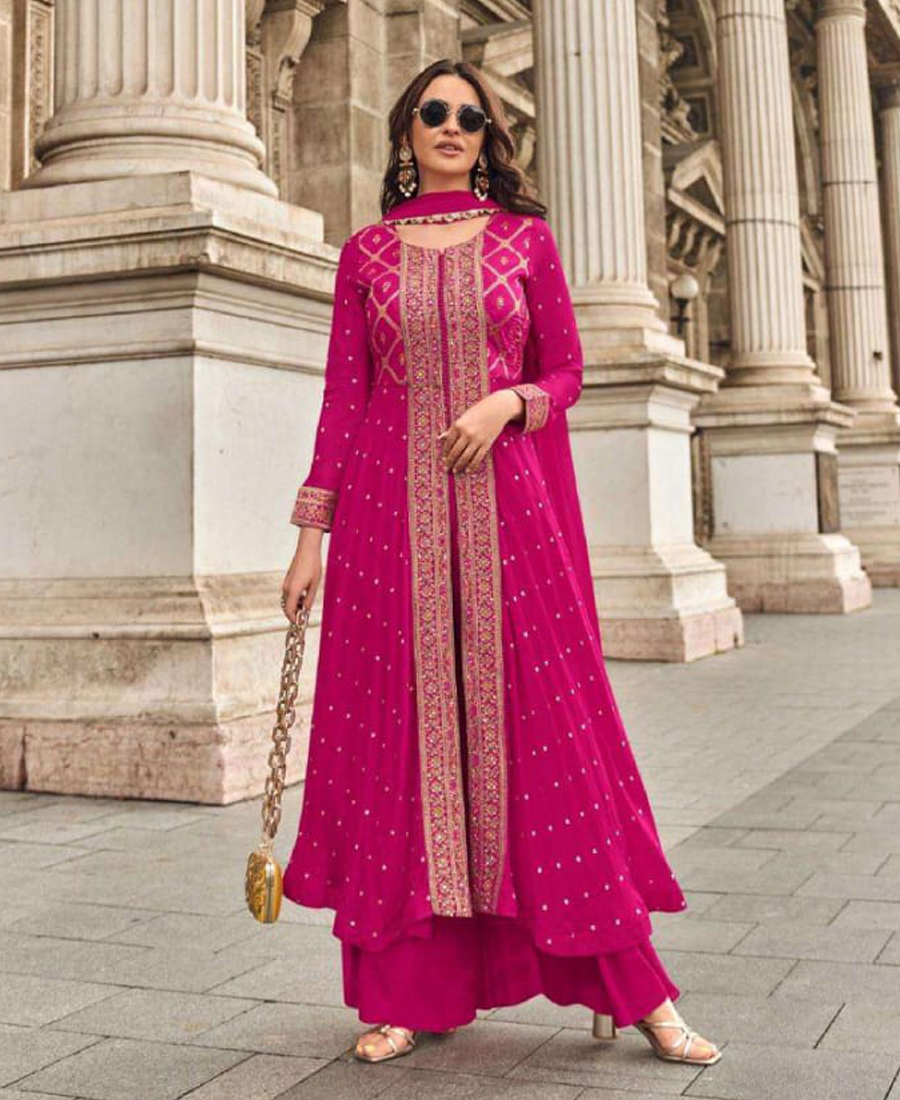 Trendy Pink Banasi Silk Front Slit Anarkali Suit For Women Party Wear