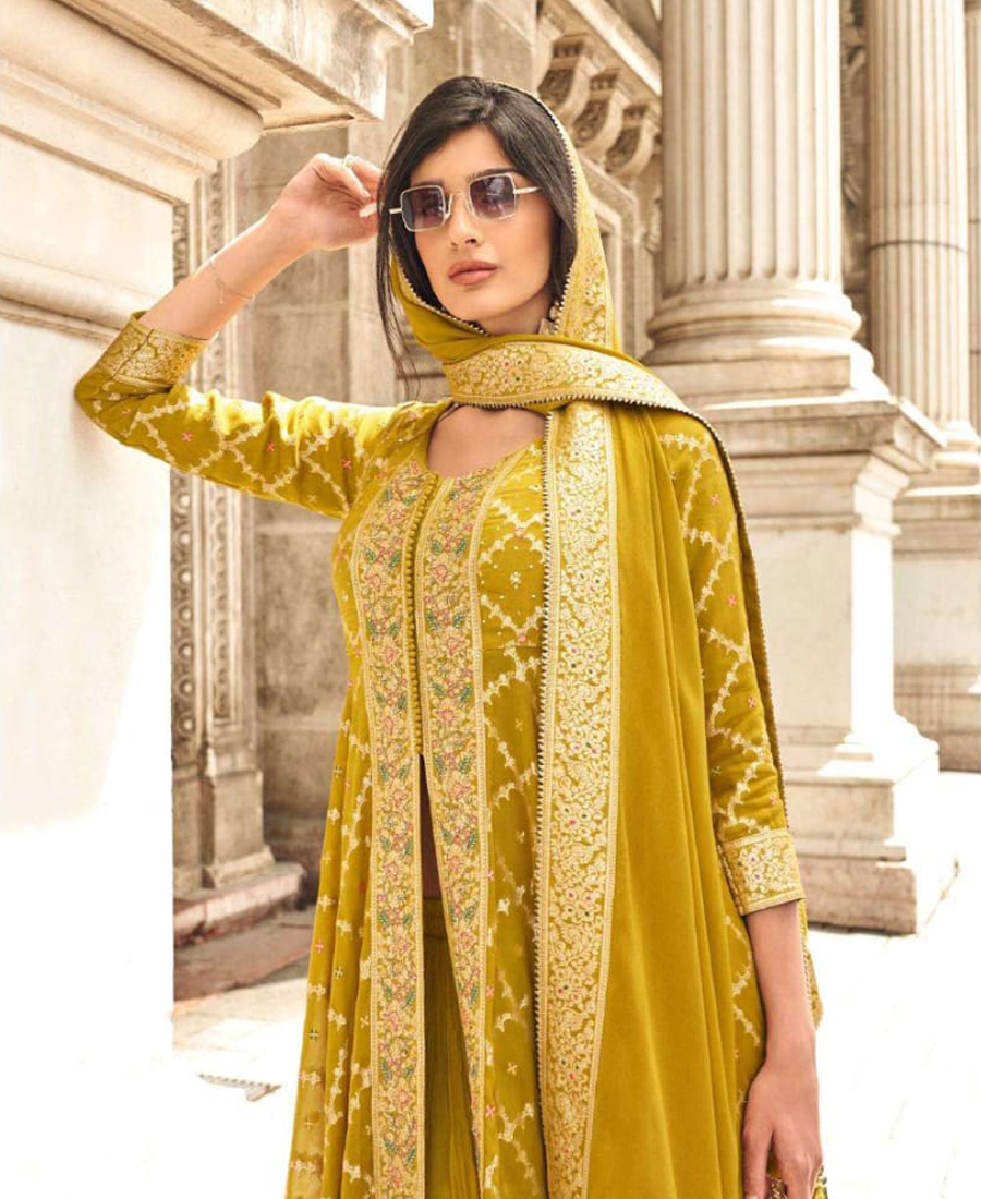 Trendy Yellow Banasi Silk Front Slit Anarkali Suit For Women Party Wear