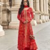 Trendy Red Chinon Front Slit Anarkali Suit For Women Party Wear