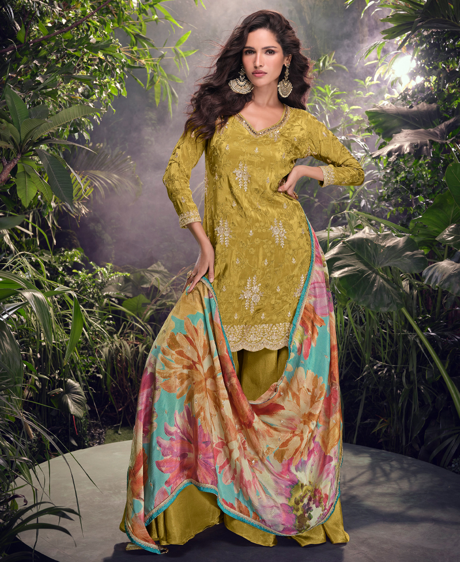 Special Party Wear Simar Silk Mustard Gharara Suit Set For Women - Image 4