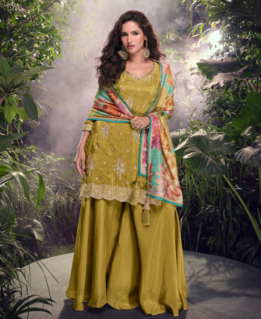 Special Party Wear Simar Silk Mustard Gharara Suit Set For Women - Image 2