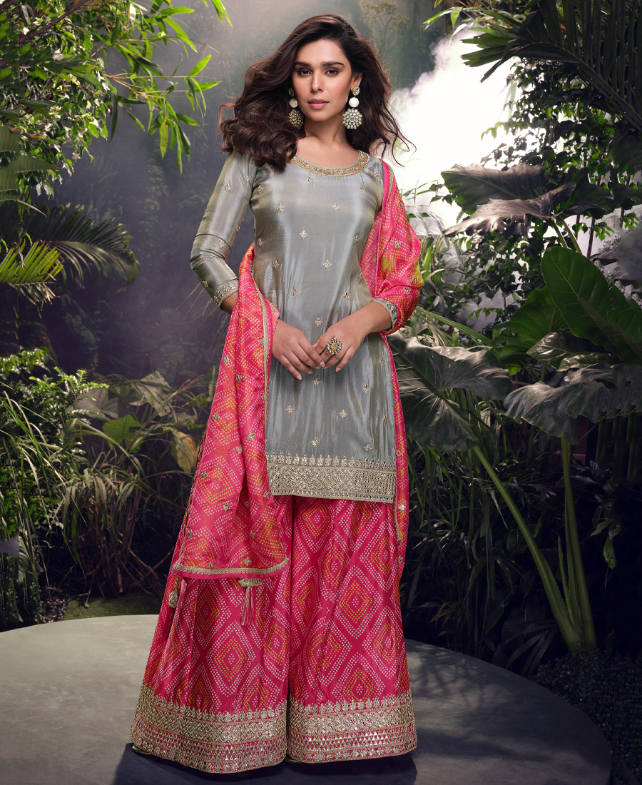 Special Party Wear Simar Silk Grey Gharara Suit Set For Women - Image 4