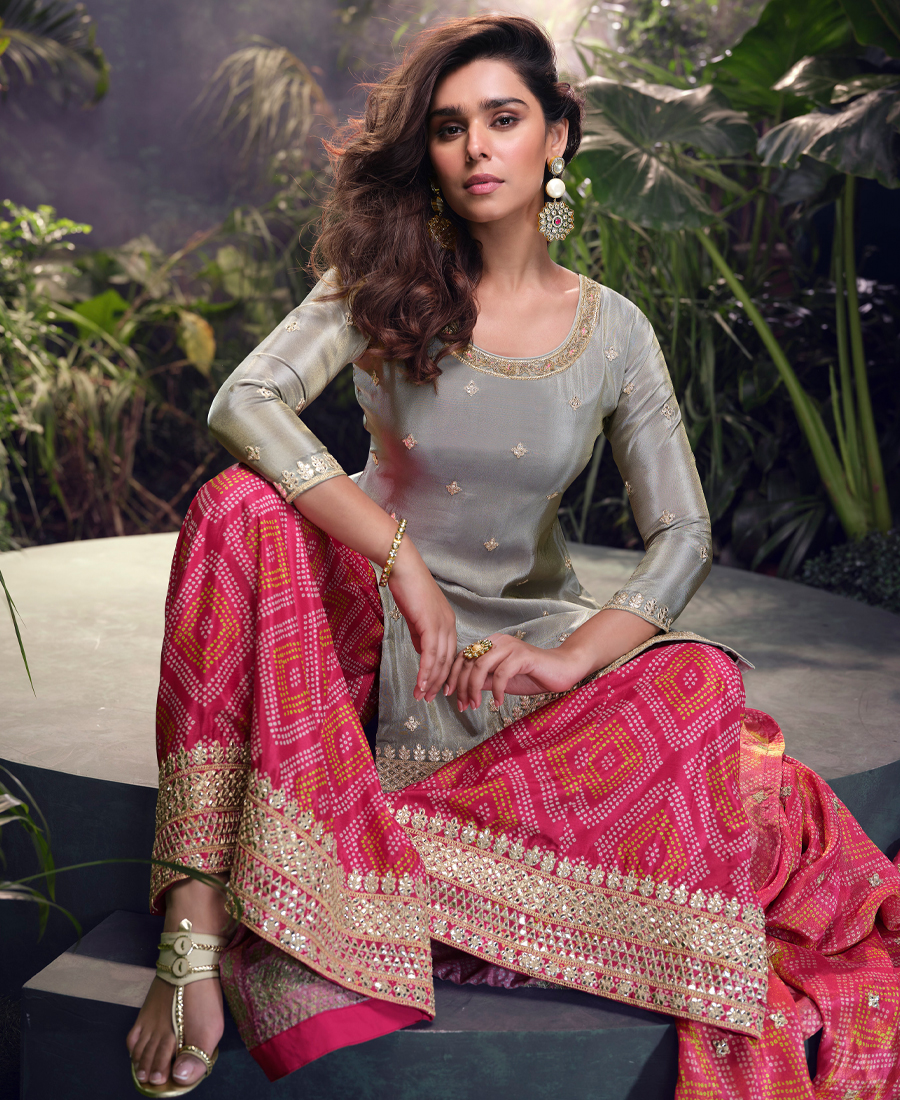 Special Party Wear Simar Silk Grey Gharara Suit Set For Women - Image 3