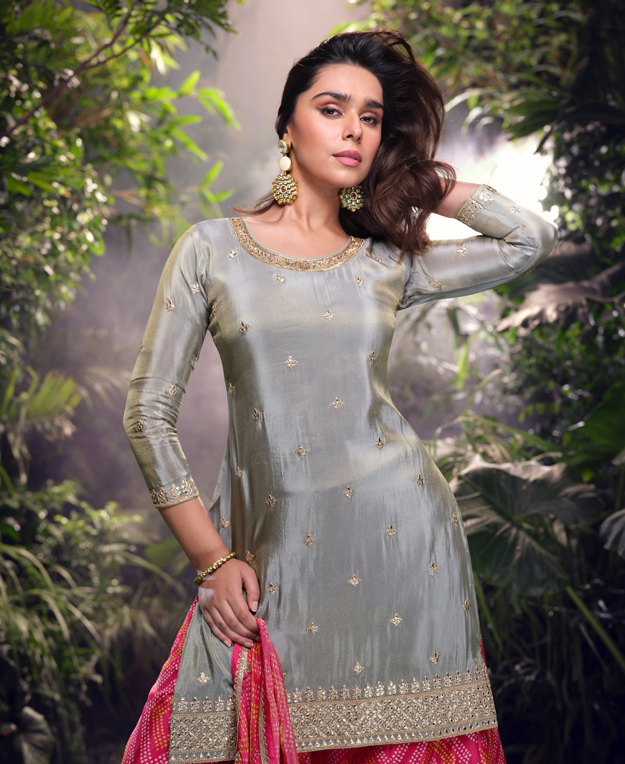 Special Party Wear Simar Silk Grey Gharara Suit Set For Women