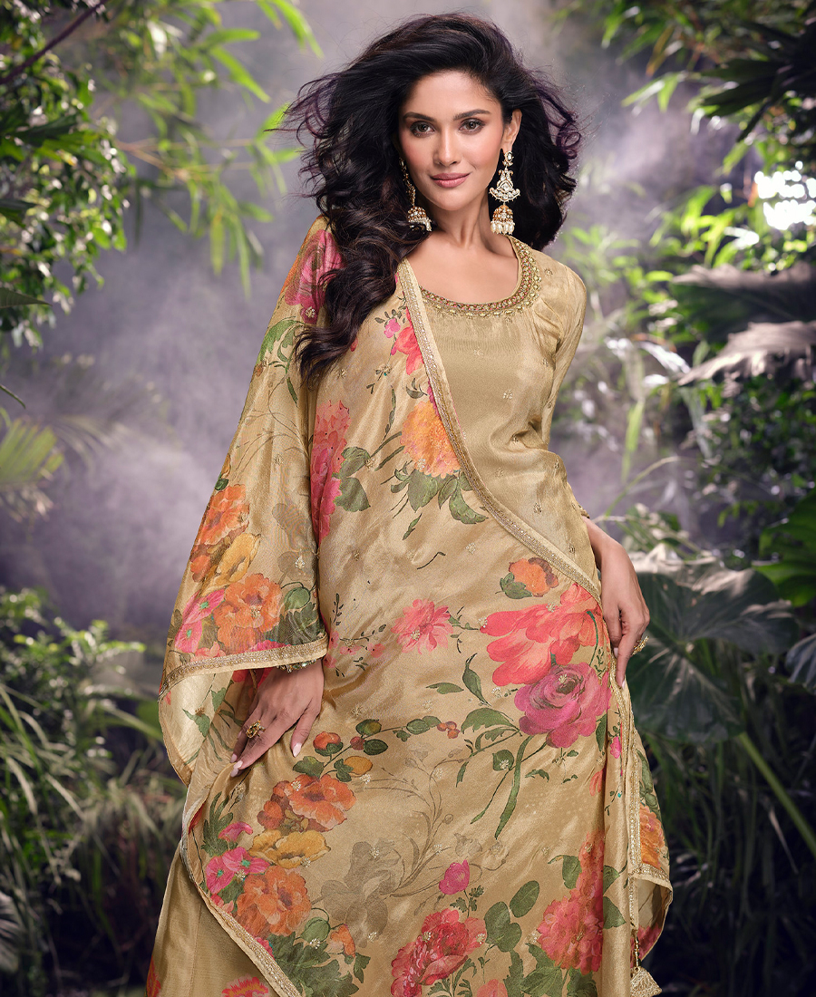 Special Party Wear Simar Silk Beige Gharara Suit Set For Women - Image 3