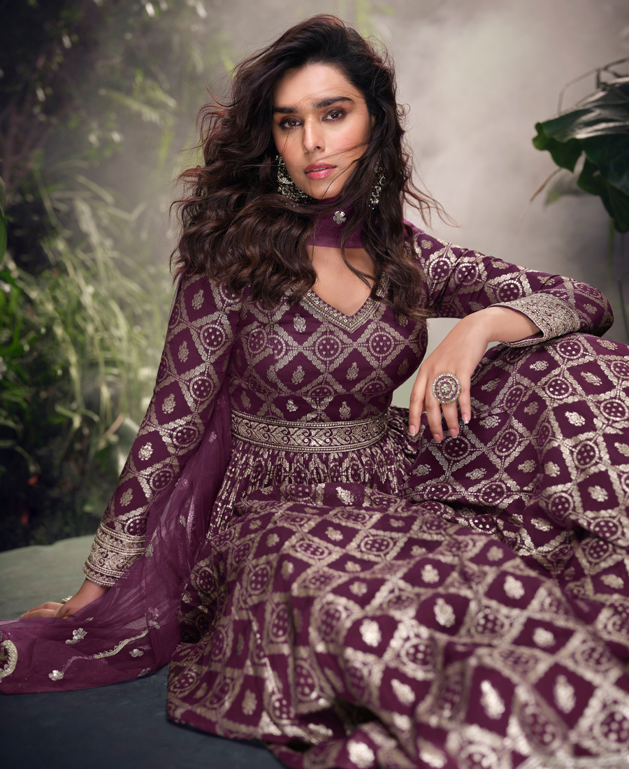Party Wear Wine Viscous Silk Anarkali Suit For Women