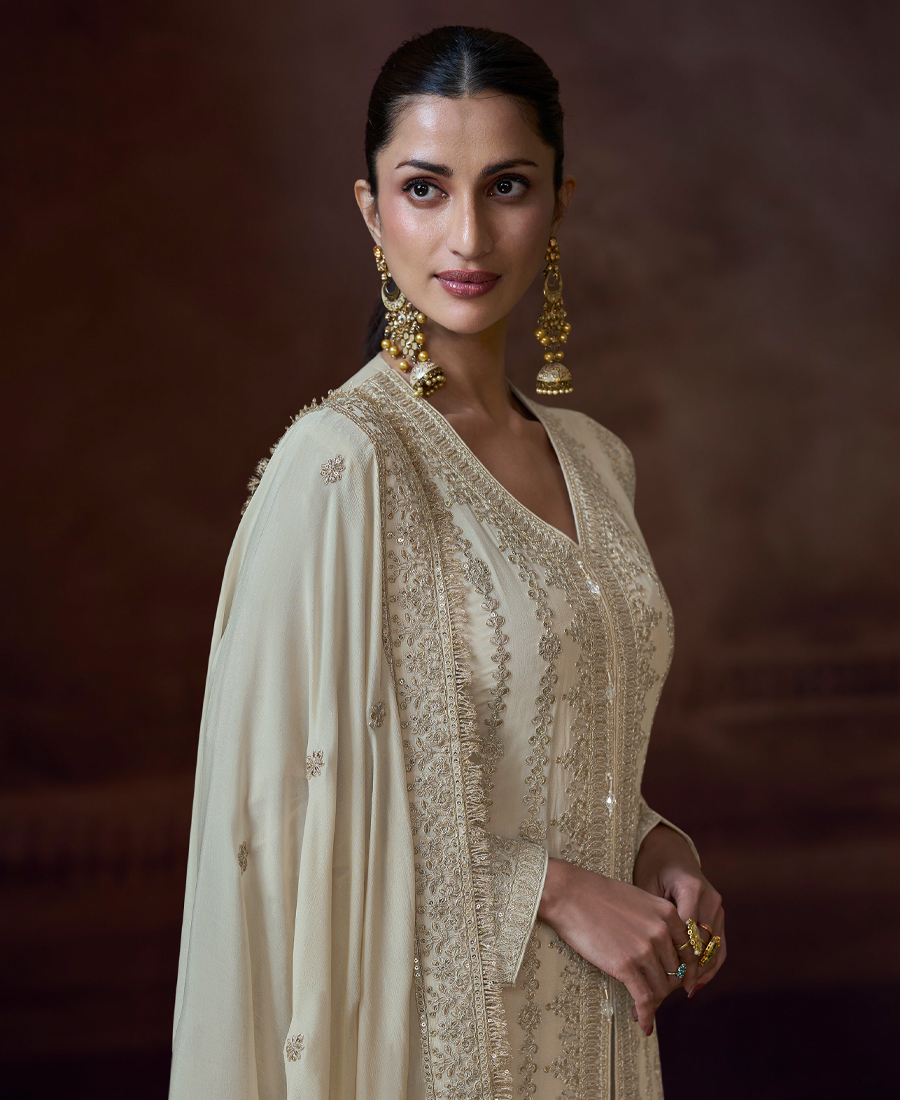 Latest White Chinon Pakistani Salwar Suit For Women Wedding Wear