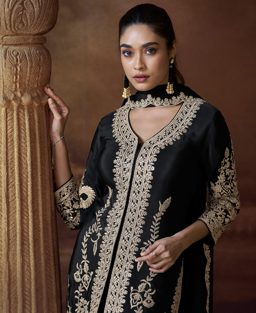 Latest Black Chinon Pakistani Salwar Suit For Women Wedding Wear - Image 3