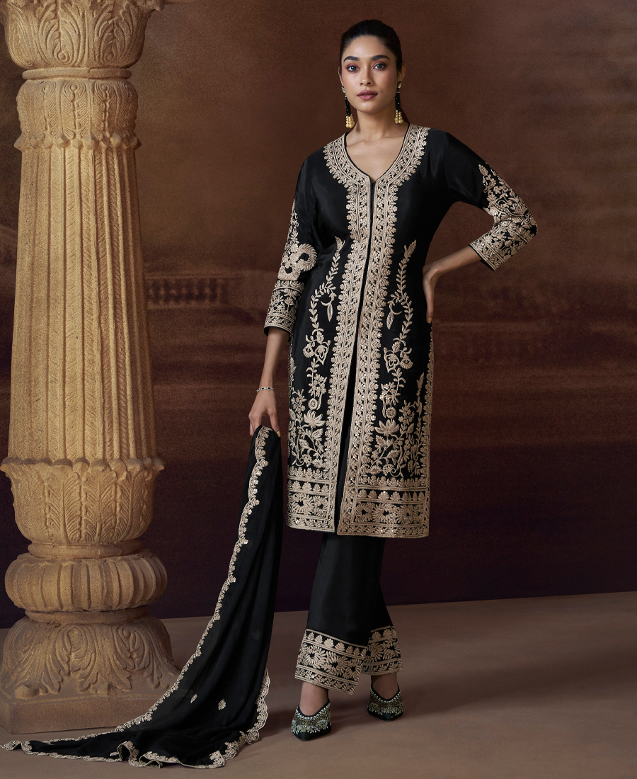 Latest Black Chinon Pakistani Salwar Suit For Women Wedding Wear - Image 2