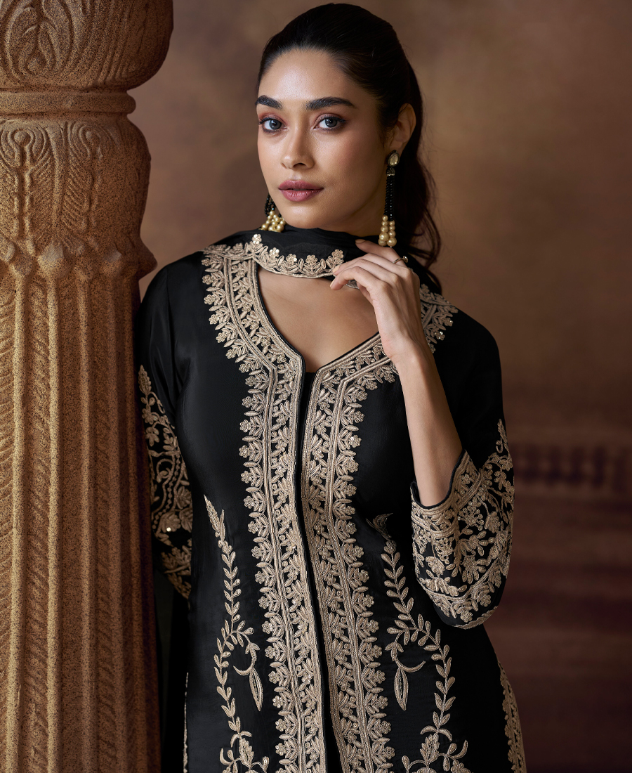 Latest Black Chinon Pakistani Salwar Suit For Women Wedding Wear