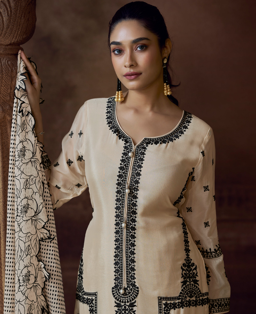 Latest Off White Chinon Pakistani Salwar Suit For Women Wedding Wear