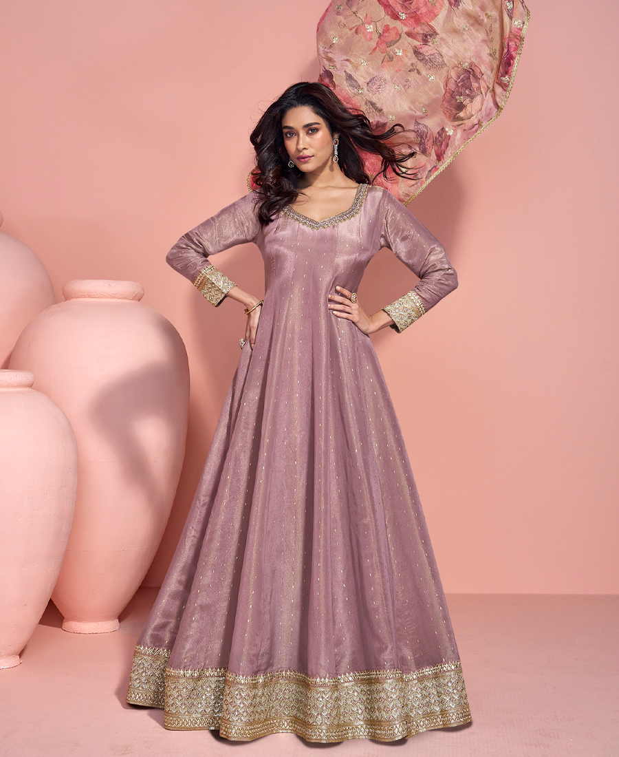 Party Wear Pink Banarasi Silk Anarkali Suit For Women