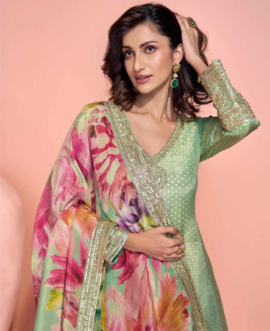 Party Wear Pista Green Banarasi Silk Anarkali Suit For Women