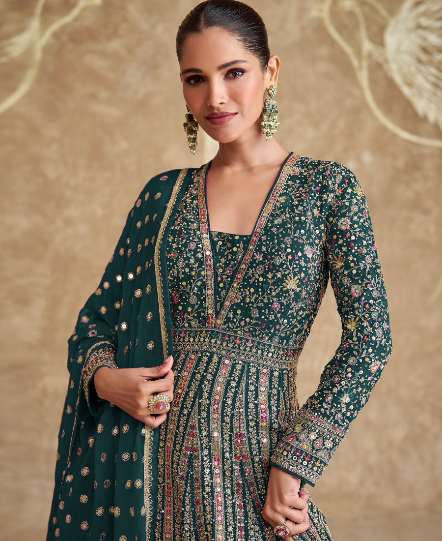 Traditional Heavy Embroidered Green Georgette Anarkali Set For Women