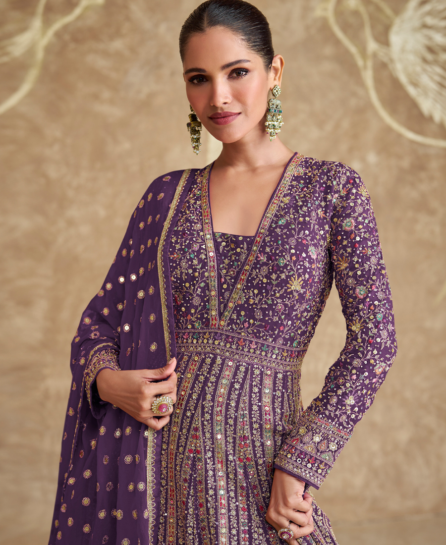 Traditional Heavy Embroidered Purple Georgette Anarkali Set For Women