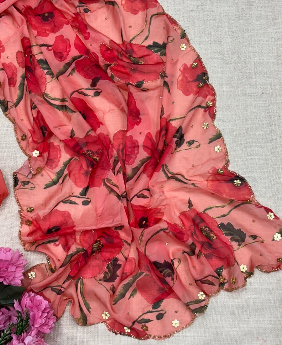 Trandy Red Tabby Silk Floral Print Saree For Women With Hand Embroidery