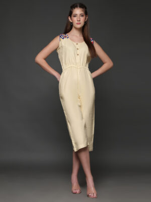 Beige Hemp Beaded Designer Jumpsuit