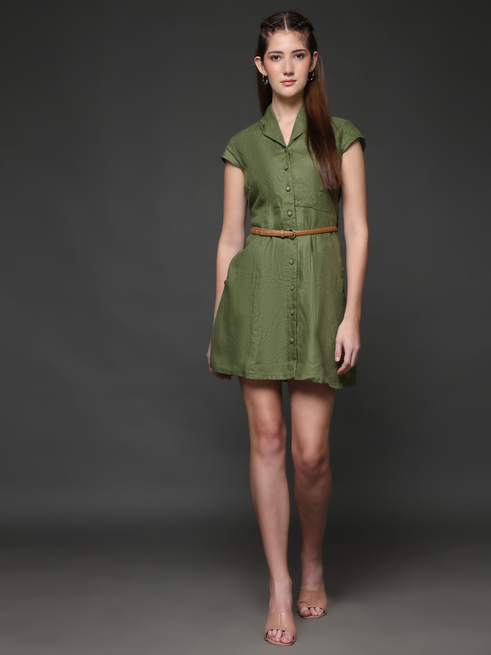 Olive Hemp Shirt Collar Casual Dress - Image 4