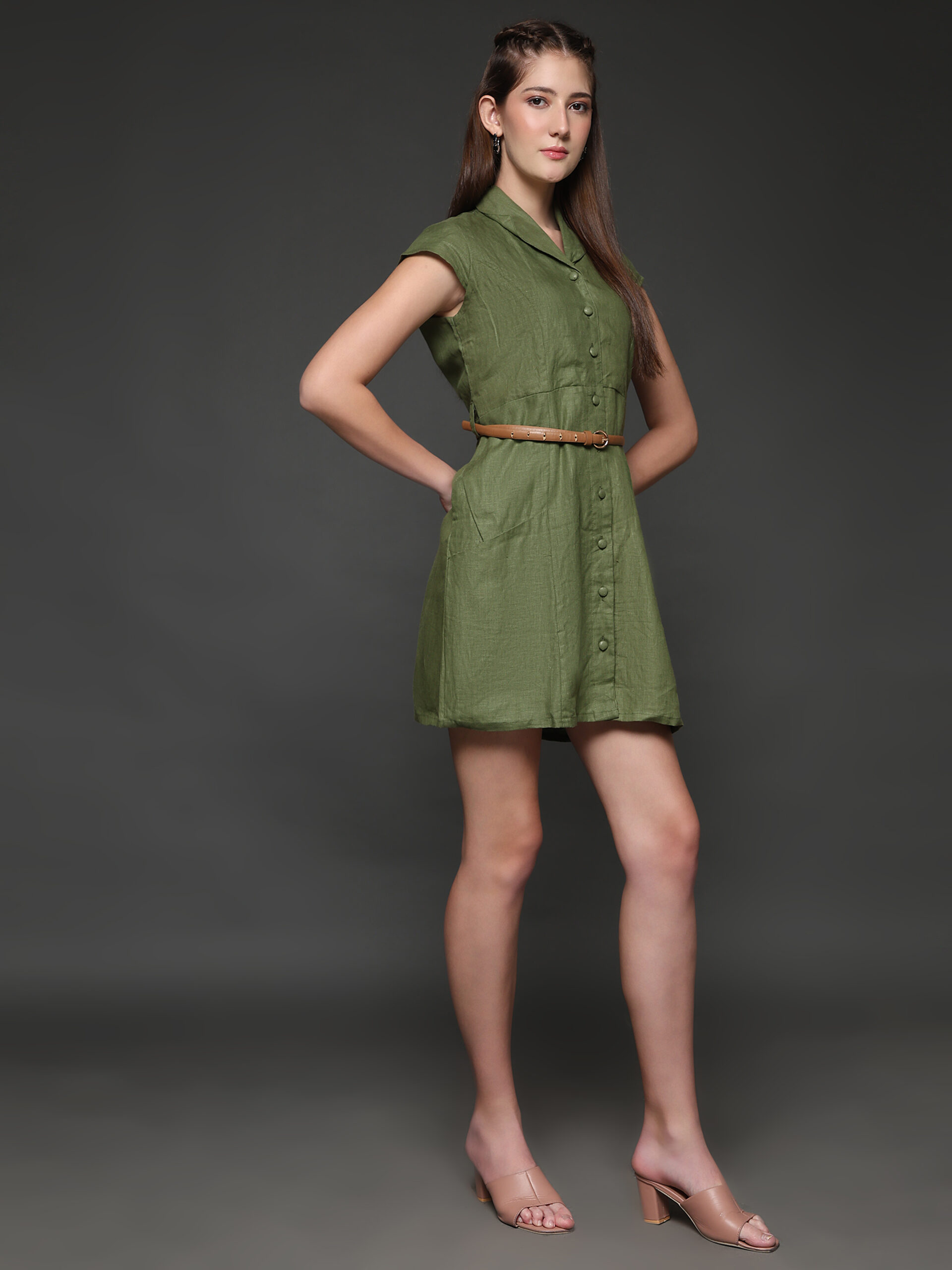 Olive Hemp Shirt Collar Casual Dress - Image 2