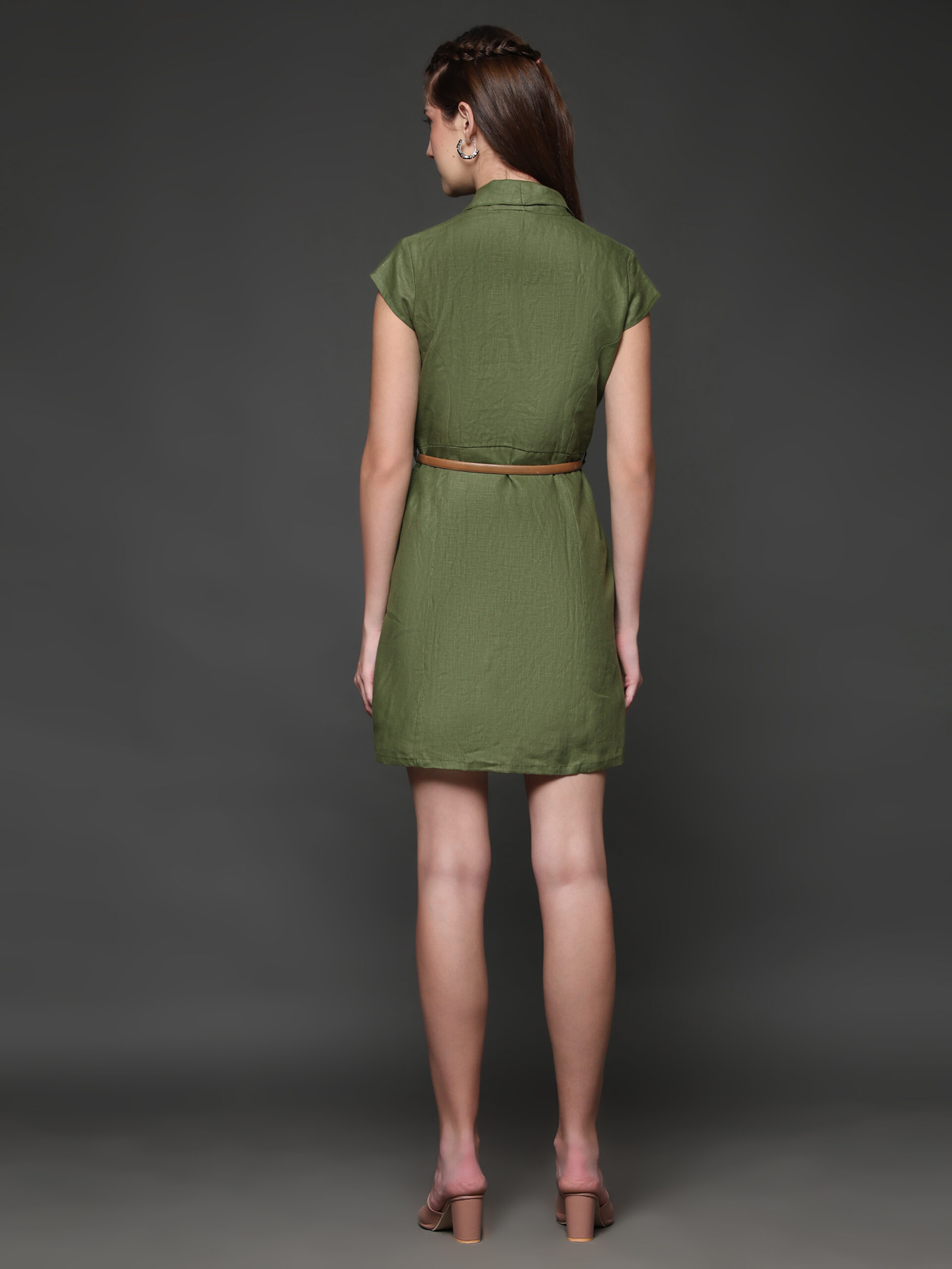 Olive Hemp Shirt Collar Casual Dress - Image 7