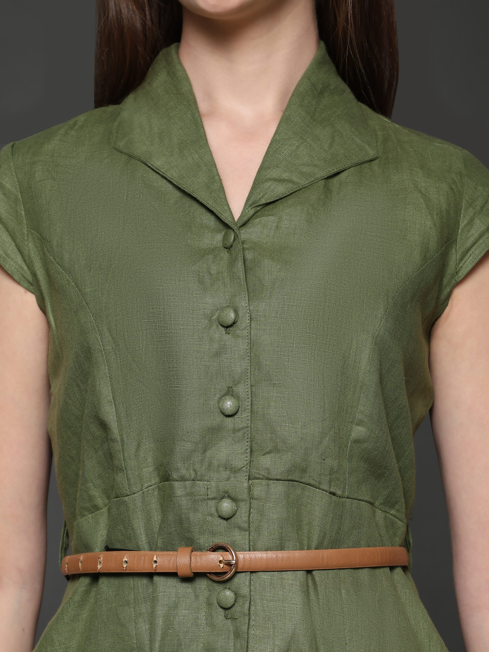 Olive Hemp Shirt Collar Casual Dress - Image 6