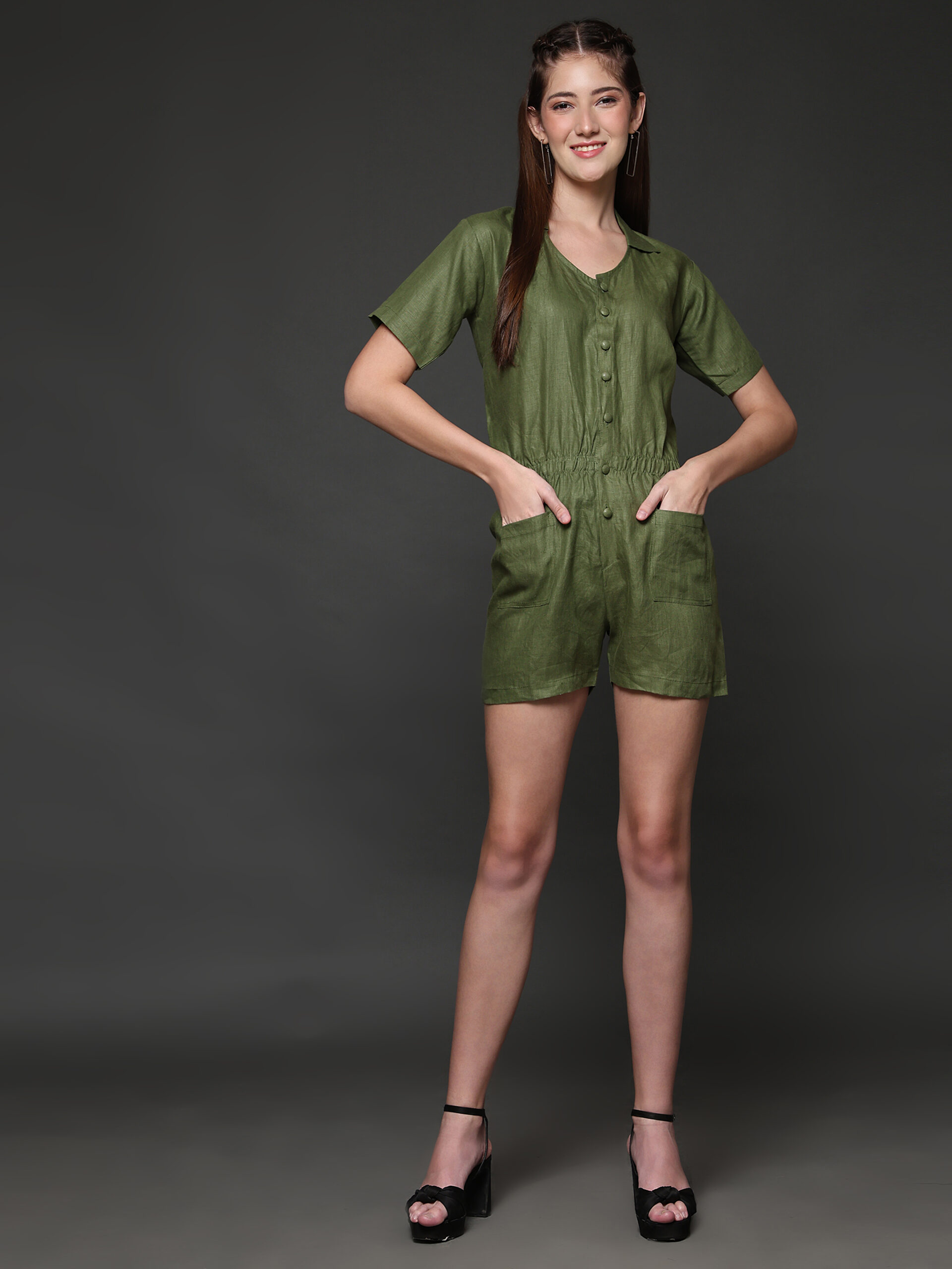 Olive Hemp Solid Pocket Playsuit - Image 7