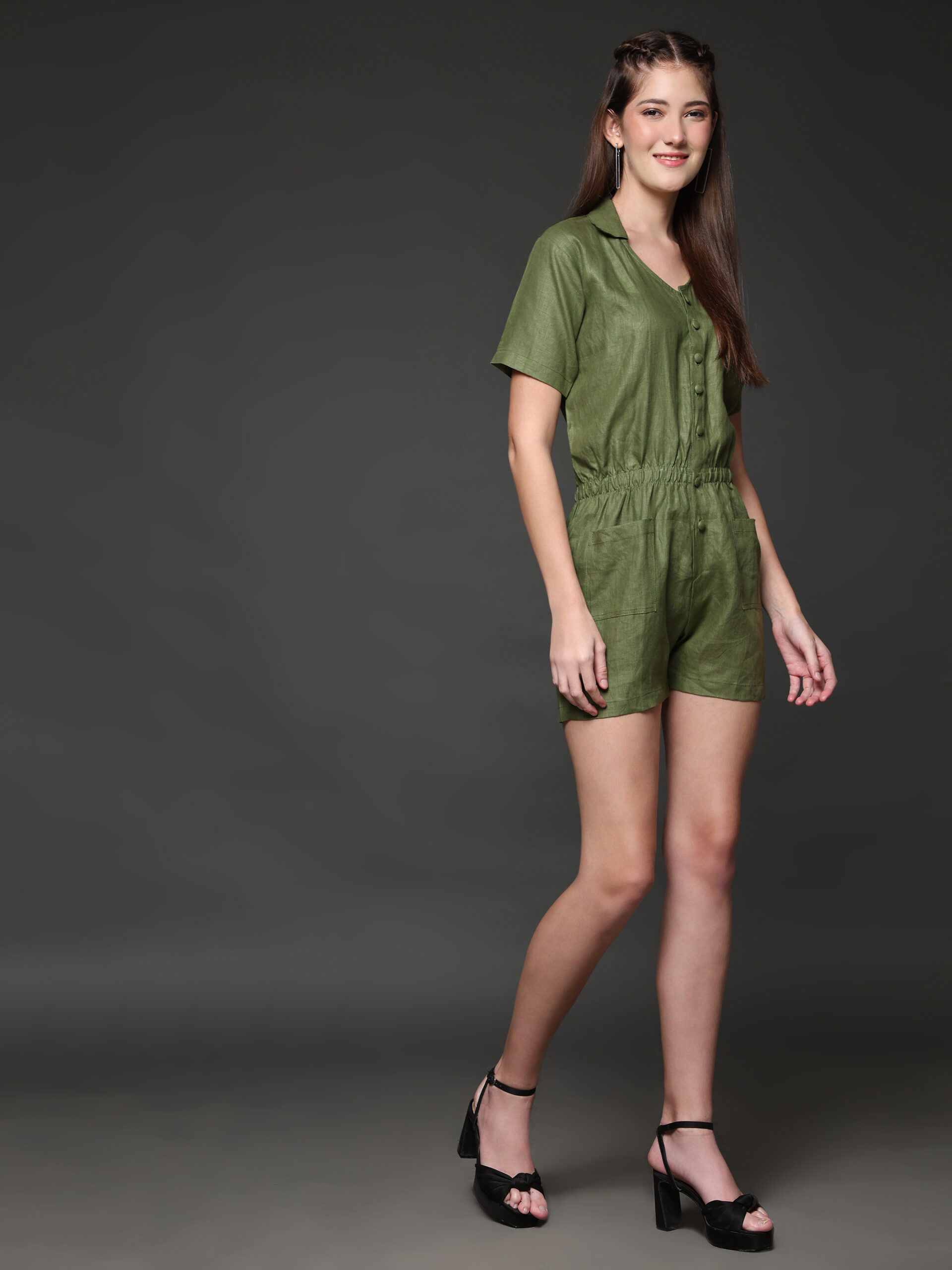Olive Hemp Solid Pocket Playsuit - Image 5
