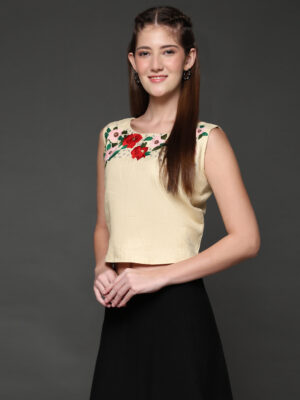 Beige Hemp Embroidered Designer Top