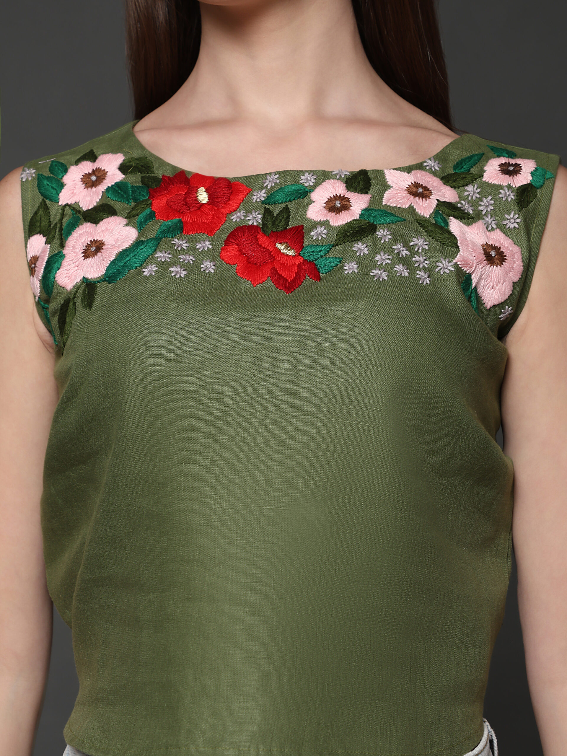 Olive Hemp Embroidered Designer Top - Image 2