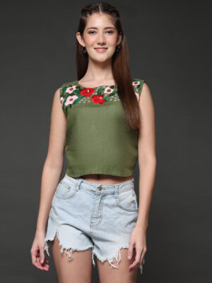 Olive Hemp Embroidered Designer Top
