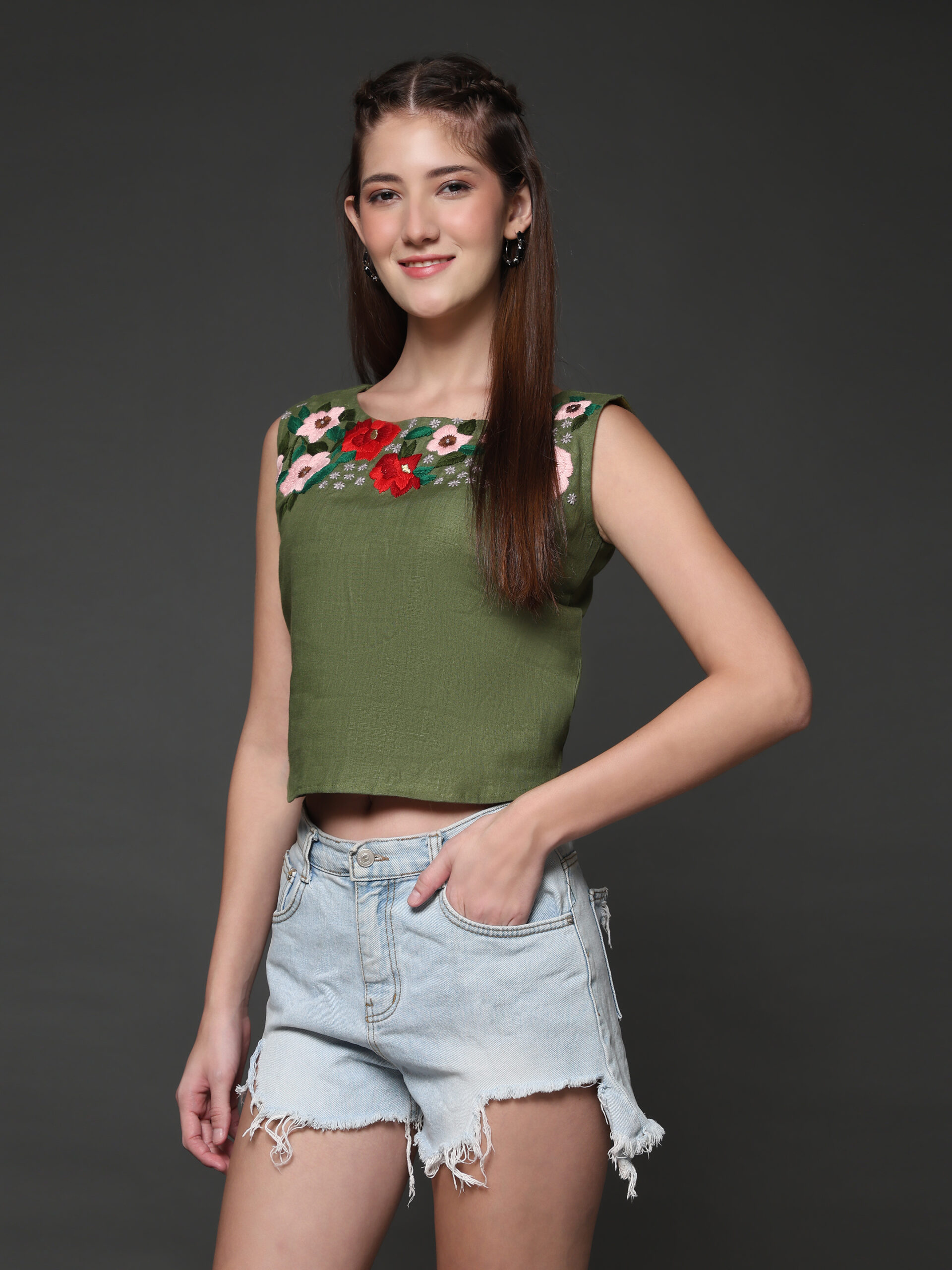 Olive Hemp Embroidered Designer Top - Image 6