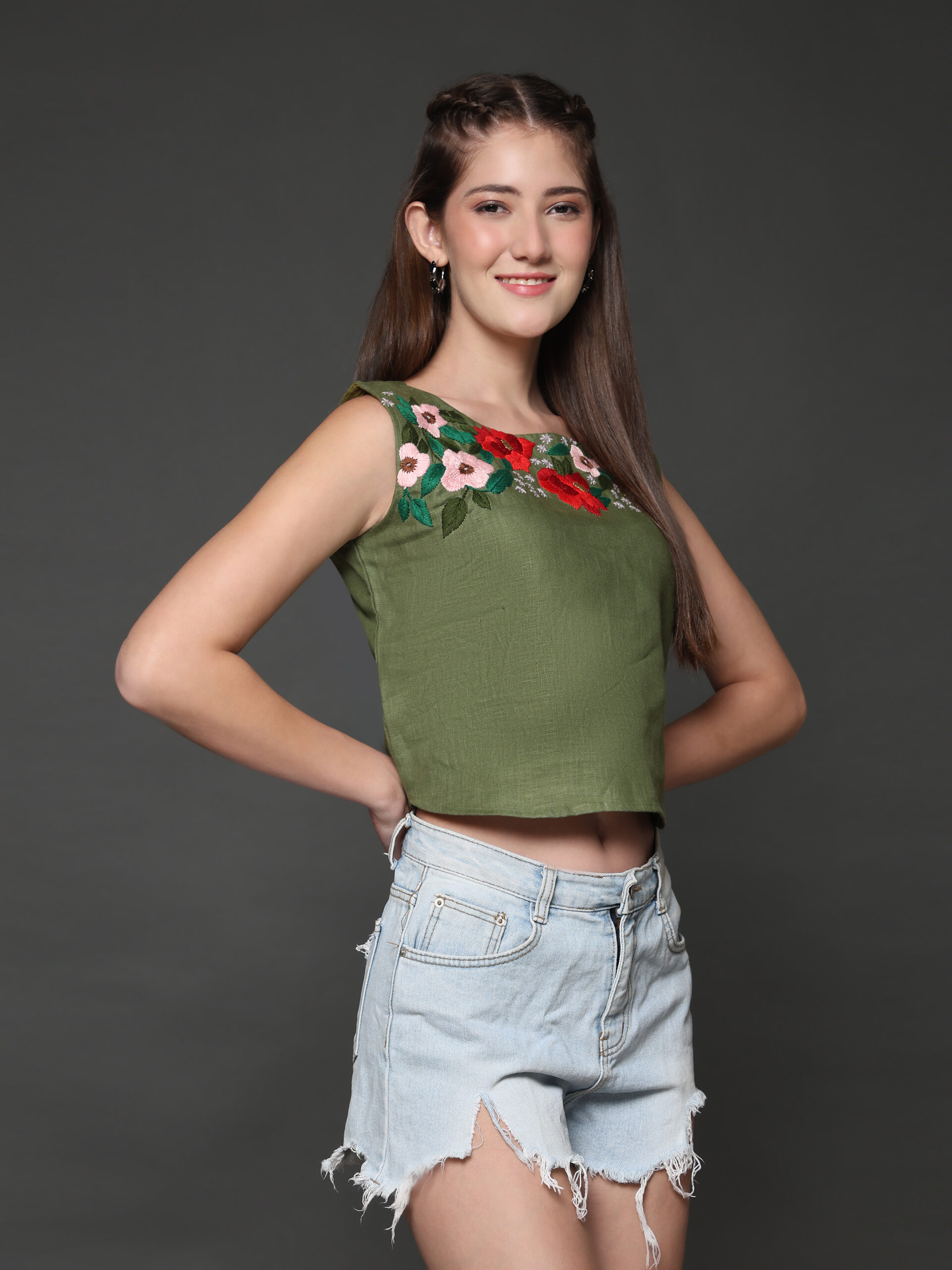 Olive Hemp Embroidered Designer Top - Image 5