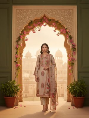 Beige Multicolor Embroidered Silk Blend Unstitched Suit Set