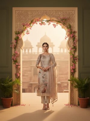 Warm Beige Printed Silk Blend Unstitched Suit Set