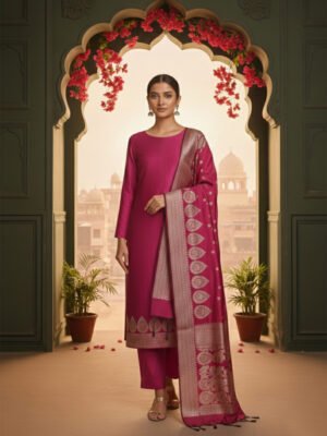 Hot Pink Banarasi Style Unstitched Suit Set