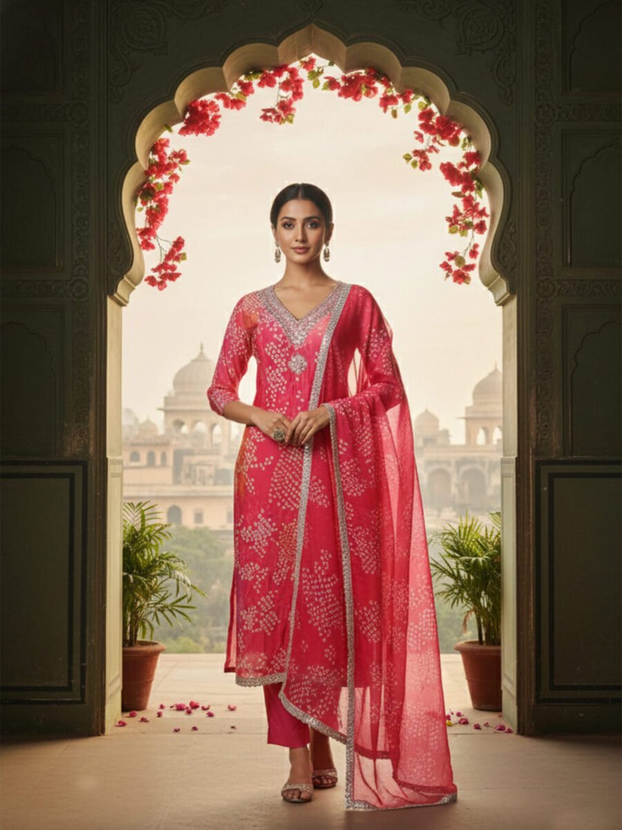 Coral Red Embellished Silk Blend Unstitched Suit Set